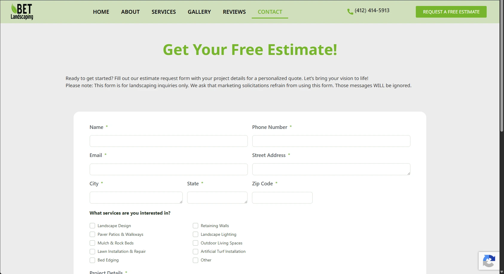 BET Landscaping redesigned free-estimate request form