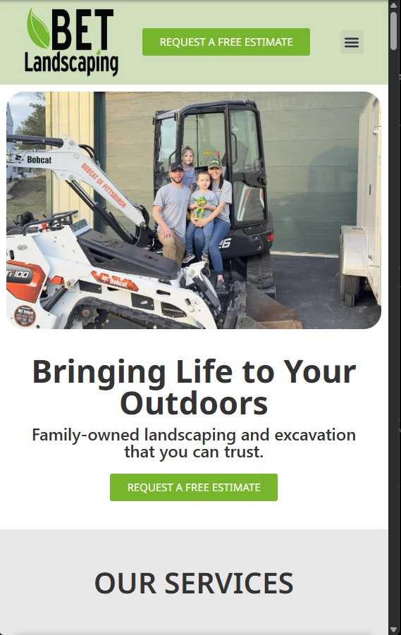 BET Landscaping homepage arranged for a mobile phone