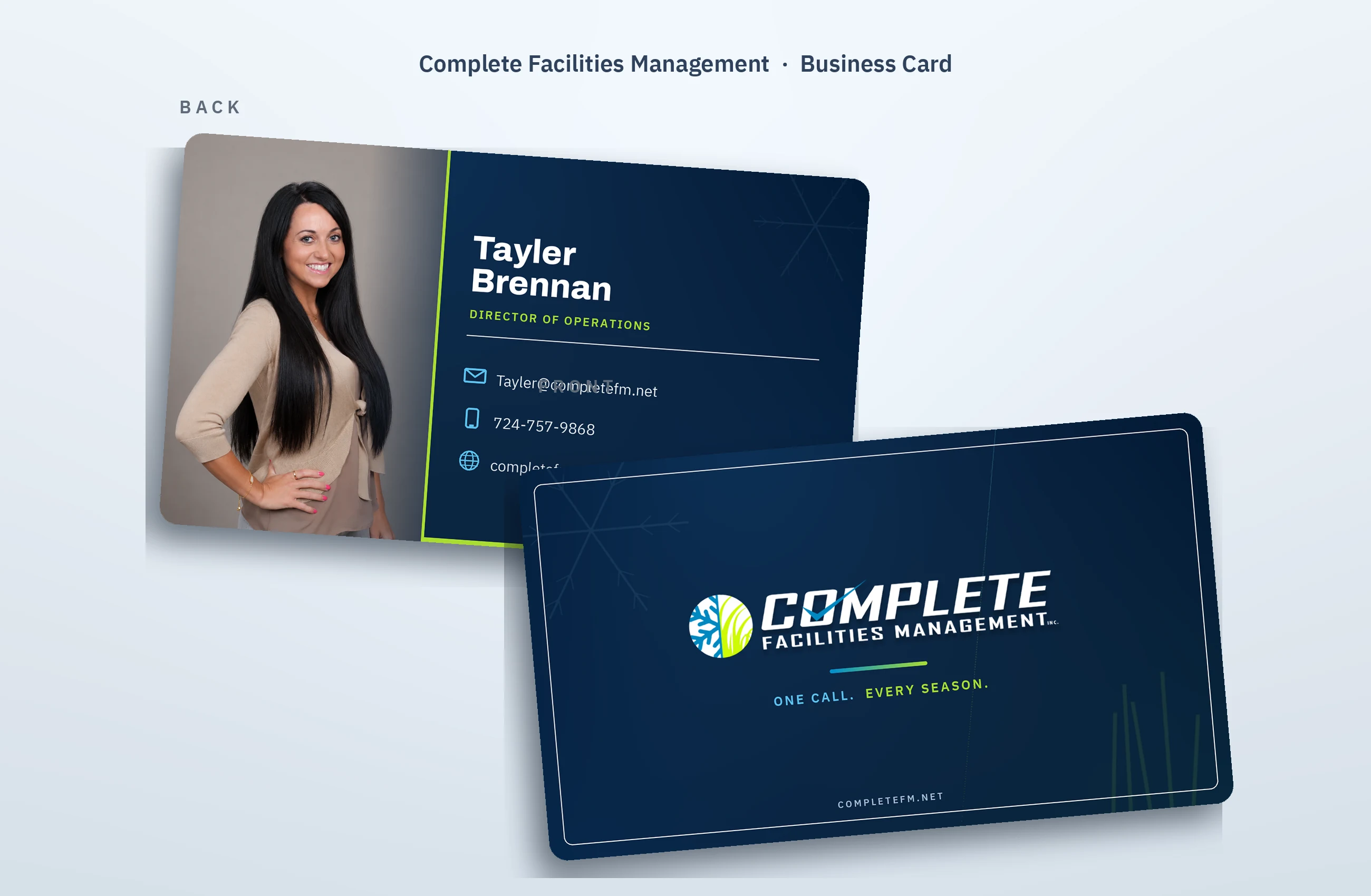 Complete Facilities Management business card designs using the refreshed navy, blue, and lime brand system