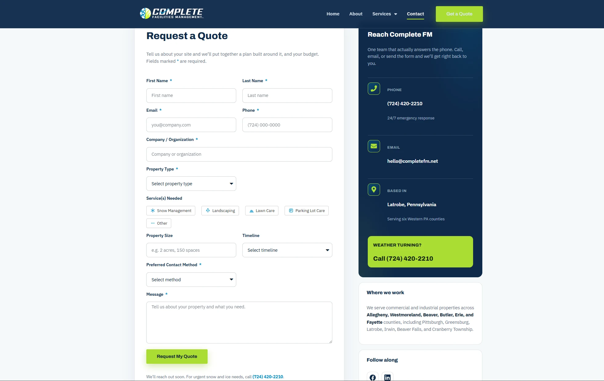 Redesigned Complete Facilities Management commercial quote request form